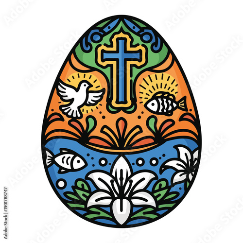A colorful Easter egg with cross, dove, fish, and lilies