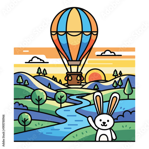A cartoon landscape with a hot air balloon and a rabbit