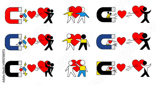 Collection of cartoon characters with love and attraction symbols