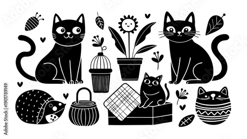 Set of hand-drawn cute cats in various poses, including cats in boxes, playing with yarn, and sitting by houseplants, black and white doodle vector illustration'.eps