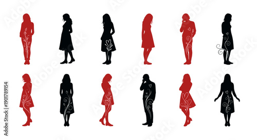 Collection of women silhouettes in various poses and outfits