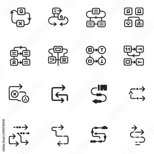 Flowchart and diagram icons illustrating business processes organizational structures decision trees and workflow management for project planning strategy development and data visualization purposes