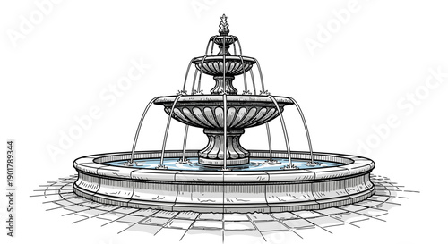 A detailed hand-drawn illustration portrays a classic multi-tiered water fountain, emphasizing its intricate architectural design and gracefully flowing water.