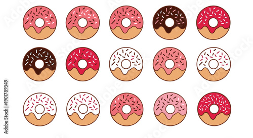 Collection of colorful donuts with various toppings and icing