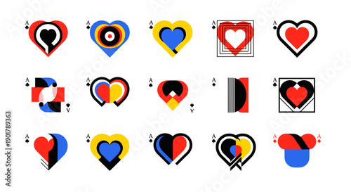 Collection of colorful heart icons with various designs and styles