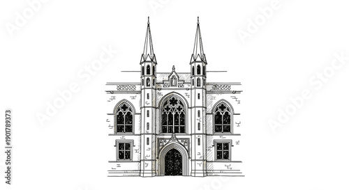 This elegant hand-drawn illustration meticulously details a grand Gothic-style building, featuring prominent spires and ornate arched windows.