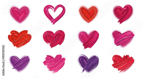 Collection of colorful heart illustrations in various shades and styles
