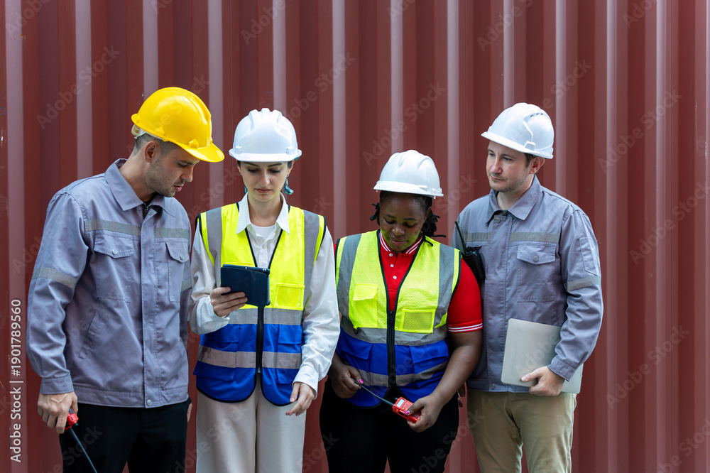 custom made wallpaper toronto digitalFour Industrial workers wearing safety helmets and reflective vests reviewing data on a tablet in front of cargo container