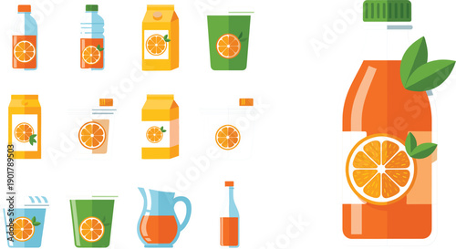 Set of orange juice packaging designs featuring various bottles cartons and glass jugs with fresh citrus fruit labels isolated on grey background
