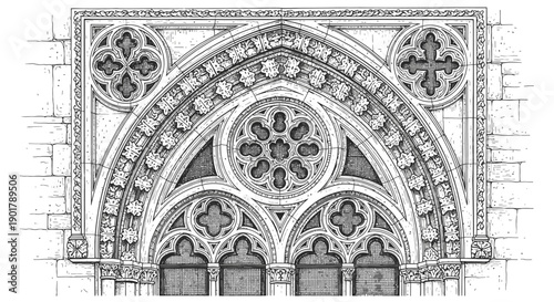 An intricate architectural drawing showcases the detailed gothic tracery and decorative elements of a historical archway design.
