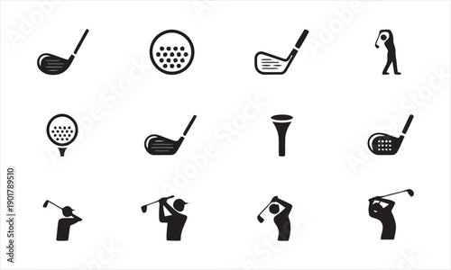 Golf sport equipment and action icons, golf clubs drivers putters balls tees on green, golfer swinging club, championship game design elements