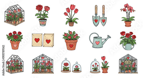 Collection of colorful gardening tools and potted plants for gardening