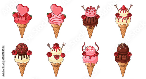 Collection of cute ice cream cones with various toppings and flavors