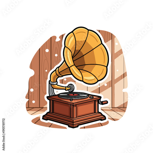 A vintage gramophone on a wooden floor