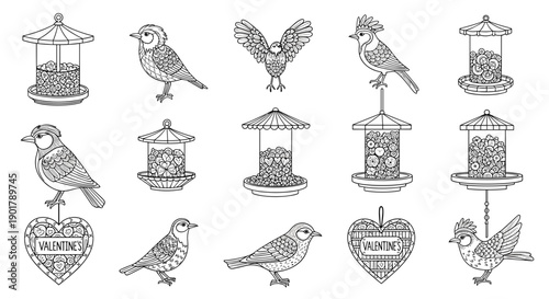 Collection of various small birds and birdhouses