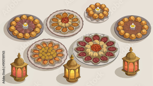 Festive Decorative Illustration: Cultural Holiday Meal, Family Gathering, Traditional Feast, Abundant Food Spread, Autumn Harvest, Warm and Welcoming Atmosphere