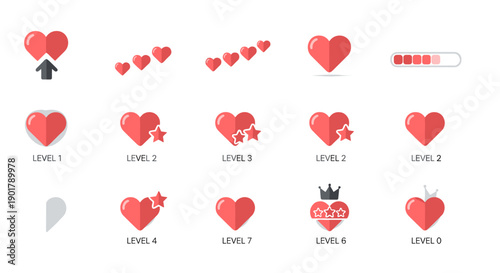 Set of red heart icons with different expressions and styles
