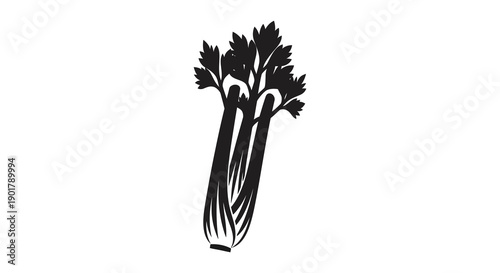 A striking black and white illustration depicts a single stalk of celery showcasing its ribbed texture and leafy top