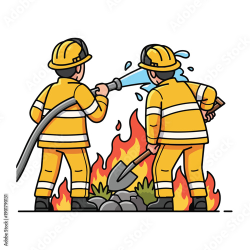 Two firemen extinguishing a fire