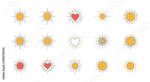 Collection of sun icons and heart symbols