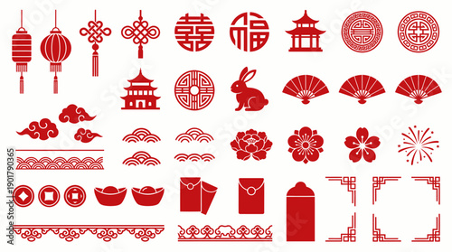 Red Chinese decorative motifs, lanterns, fans, rabbits, pagodas, coins, clouds, floral frames, envelopes, ornate festive symbols of Lunar New Year prosperity and joy.