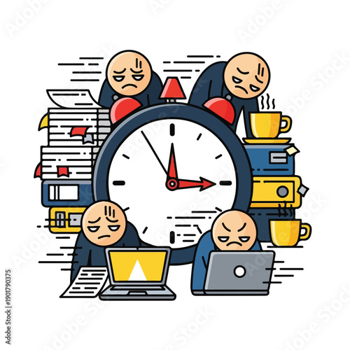 Cartoon illustration of stressed workers with clock and office items