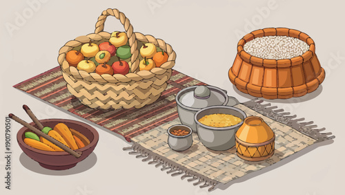 Simple geometric illustration of diverse traditional food elements, designed with a minimalist aesthetic and earthy tones. This artwork is suitable for cultural projects, food blogs, and promotional m