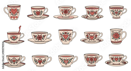 Collection of vintage floral patterned teacups and saucers set