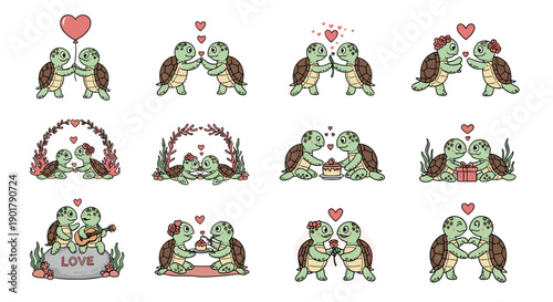 Set of cute cartoon animals with hearts and love themes for children