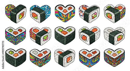 Collection of colorful sushi rolls with various ingredients and designs