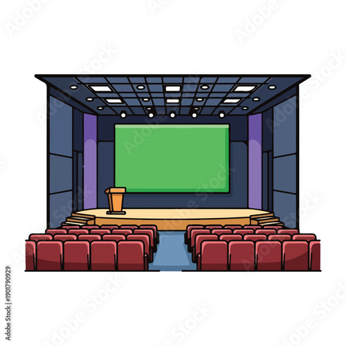 A cartoon image of an empty auditorium with a green screen