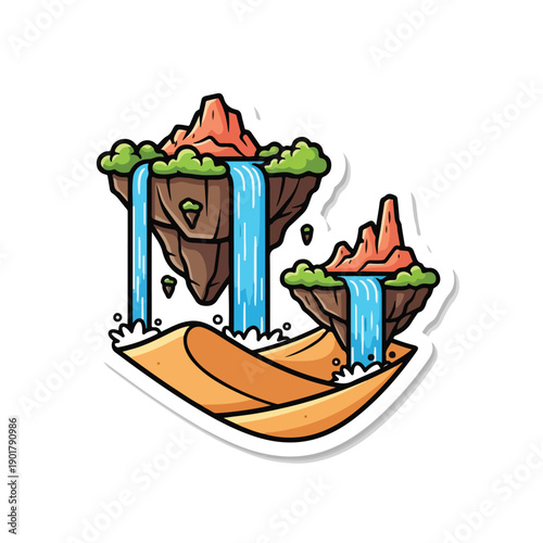 A cartoon landscape with floating cliffs and waterfalls