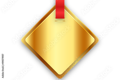 赤いリボンで吊り下げられたダイヤ型ゴールドプレートの高級装飾フレーム｜表彰・ランキング・受賞・記念イベントに使えるラグジュアリー背景素材