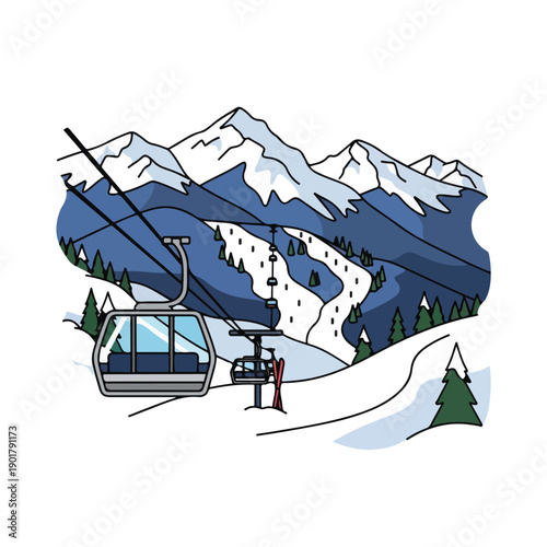A ski lift in a snowy mountainous landscape