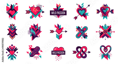 Collection of colorful romantic and lovethemed icons and symbols