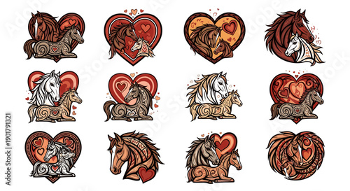 Collection of cute and detailed heartthemed animal illustrations
