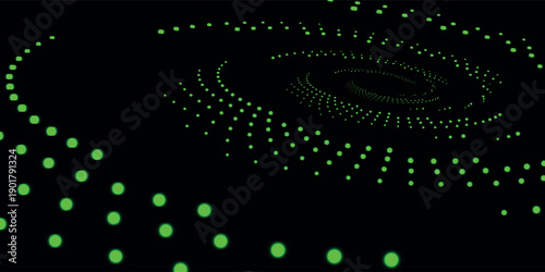 Abstract digital art featuring glowing green dots arranged in a swirling vortex pattern on a dark background, creating a sense of depth and motion.
