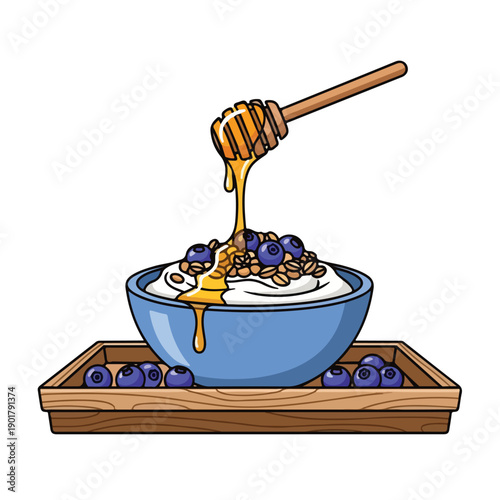 A bowl of yogurt with honey and blueberries on a wooden tray