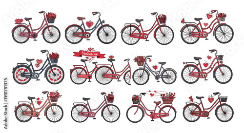 Collection of vintage red and black bicycles with different styles