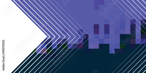 Abstract digital art with white chevron and parallel lines on a pixelated purple and dark blue background.