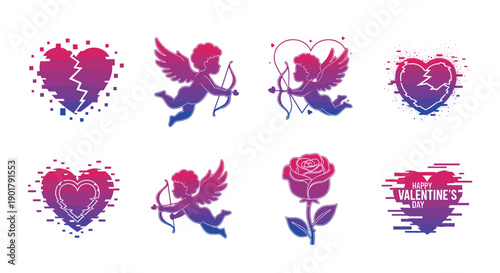 Set of romantic and lovethemed illustrations with hearts and roses