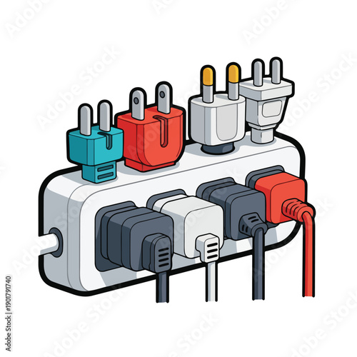 Cartoon image of a power strip with multiple plugs