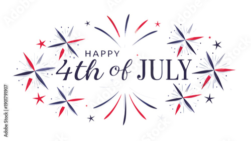 Happy 4th of July vector illustration with fireworks and stars, patriotic greeting for banner or poster, isolated on transparent background, png