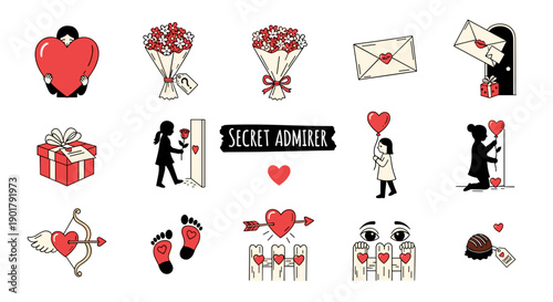 Collection of romantic love and valentines day icons and symbols