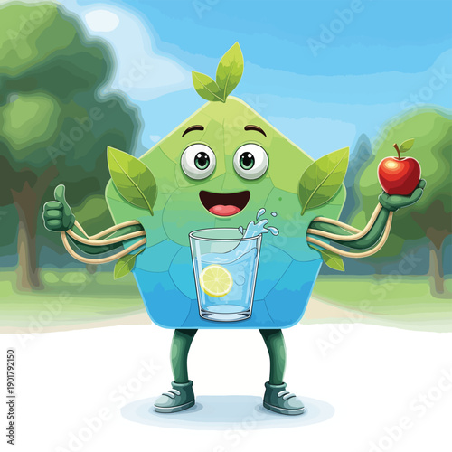 Happy Leafy Character Enjoying Fresh Drink