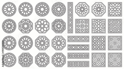Intricate geometric lattice patterns in circular, square, and octagonal forms, ornamental grilles with floral and star motifs, symmetrical architectural decorative designs.