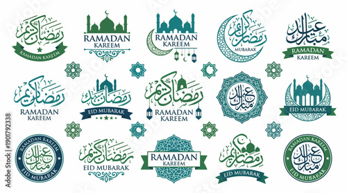 Islamic decorative frames with mosque silhouettes, crescents, lanterns, Arabic calligraphy, Ramadan Kareem and Eid Mubarak motifs in green and blue festive designs.