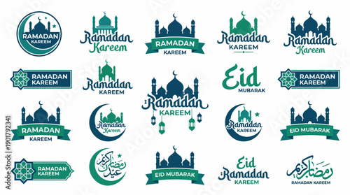 Islamic decorative frames with mosque silhouettes, crescents, lanterns, Arabic calligraphy, Ramadan Kareem and Eid Mubarak motifs in green and blue festive designs.