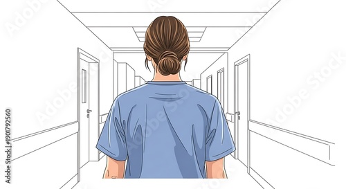 Female Nurse Wearing Blue Uniform Walking in Hospital Corridor
