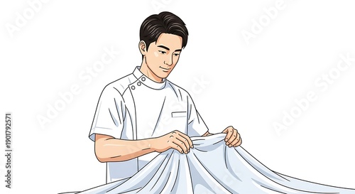 Young Male Medical Professional Preparing White Surgical Gown in Hospital Setting